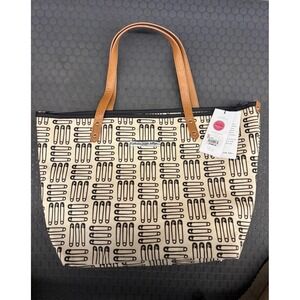 NWT Petunia Pickle Bottom Downtown Tote Bag Women's Black Beige Safety Pin Print